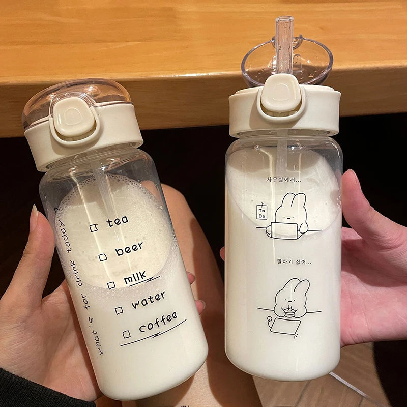 Cartoon Water Bottle With Straw Cute Plastic Drinking Bottle Portable Leak-proof Drin alternate view