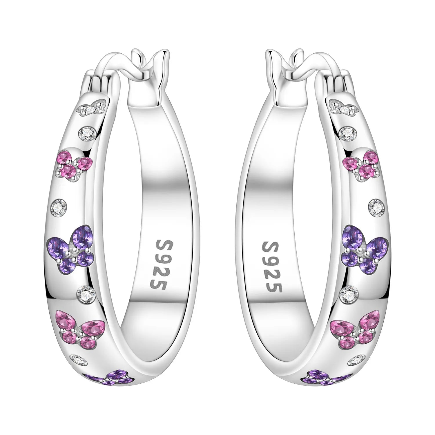 PANPOKI Original 925 Sterling Silver Double Butterfly Insect Earrings Women Hoop Earri close-up view