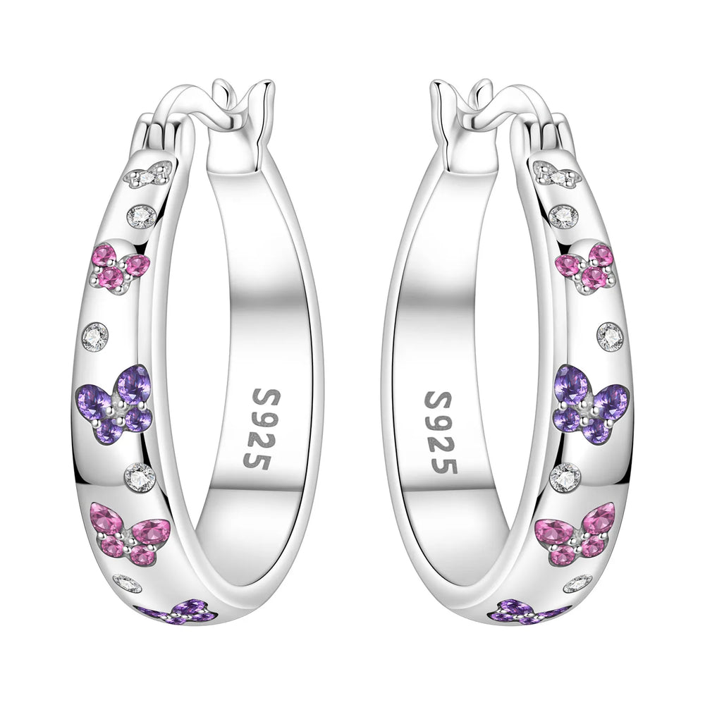 PANPOKI Original 925 Sterling Silver Double Butterfly Insect Earrings Women Hoop Earri close-up view