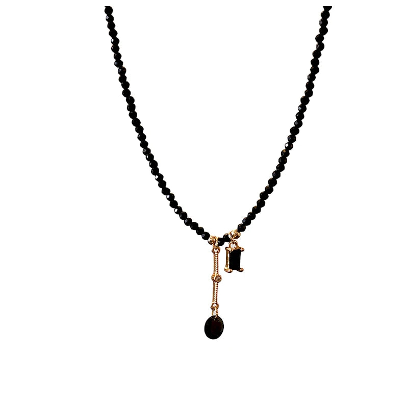 Black Crystal Bead Tassel Necklace | Trendy Collarbone Chain additional angle