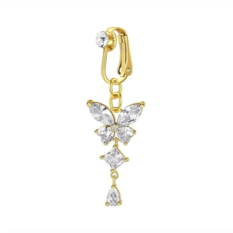 Clip On Belly Button Ring Butterfly Copper Zircon Pink Fake Belly Piercing Umbilical N close-up view
