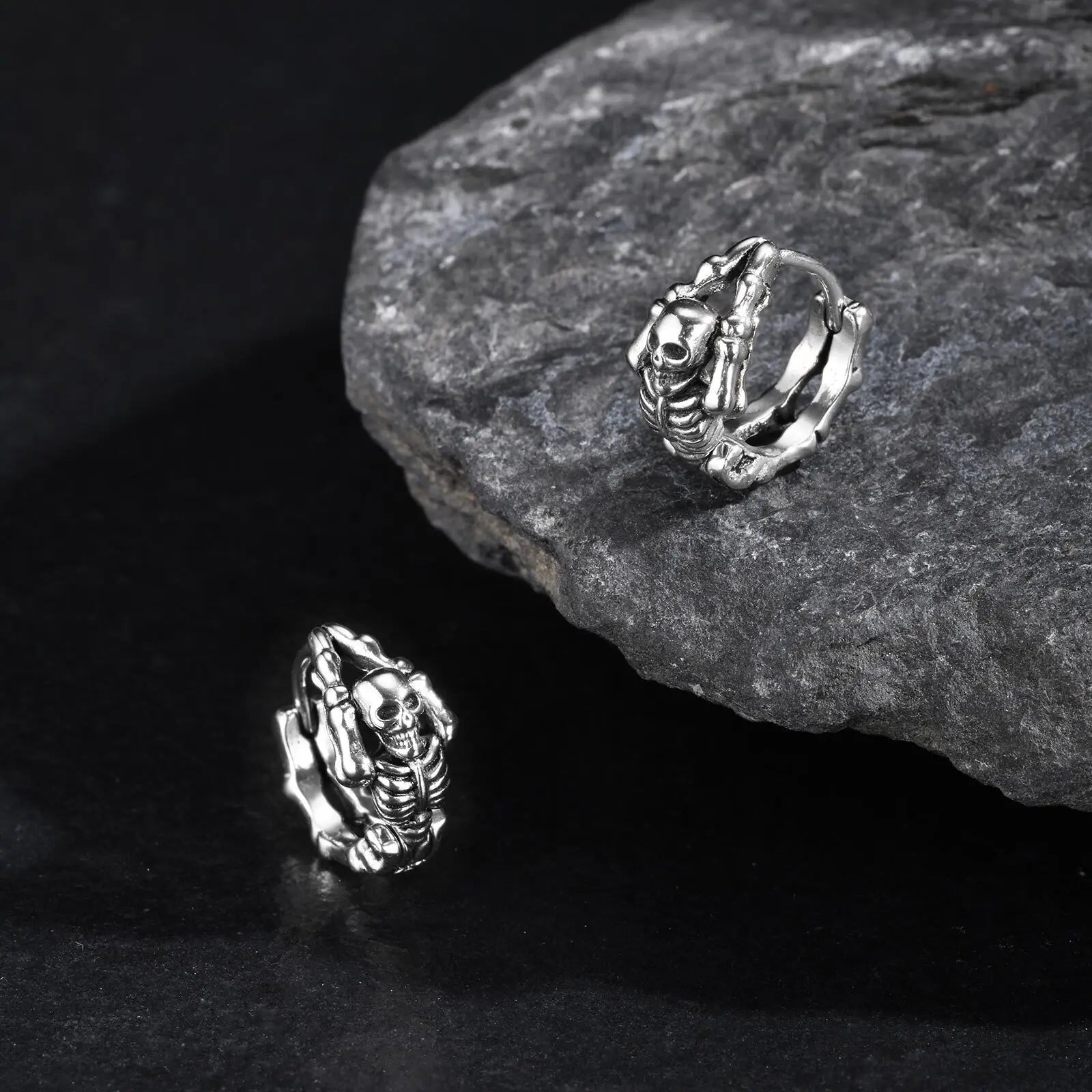 Punk Skeleton Hoop Earrings for Men | Never Fade Metal Huggies close-up view
