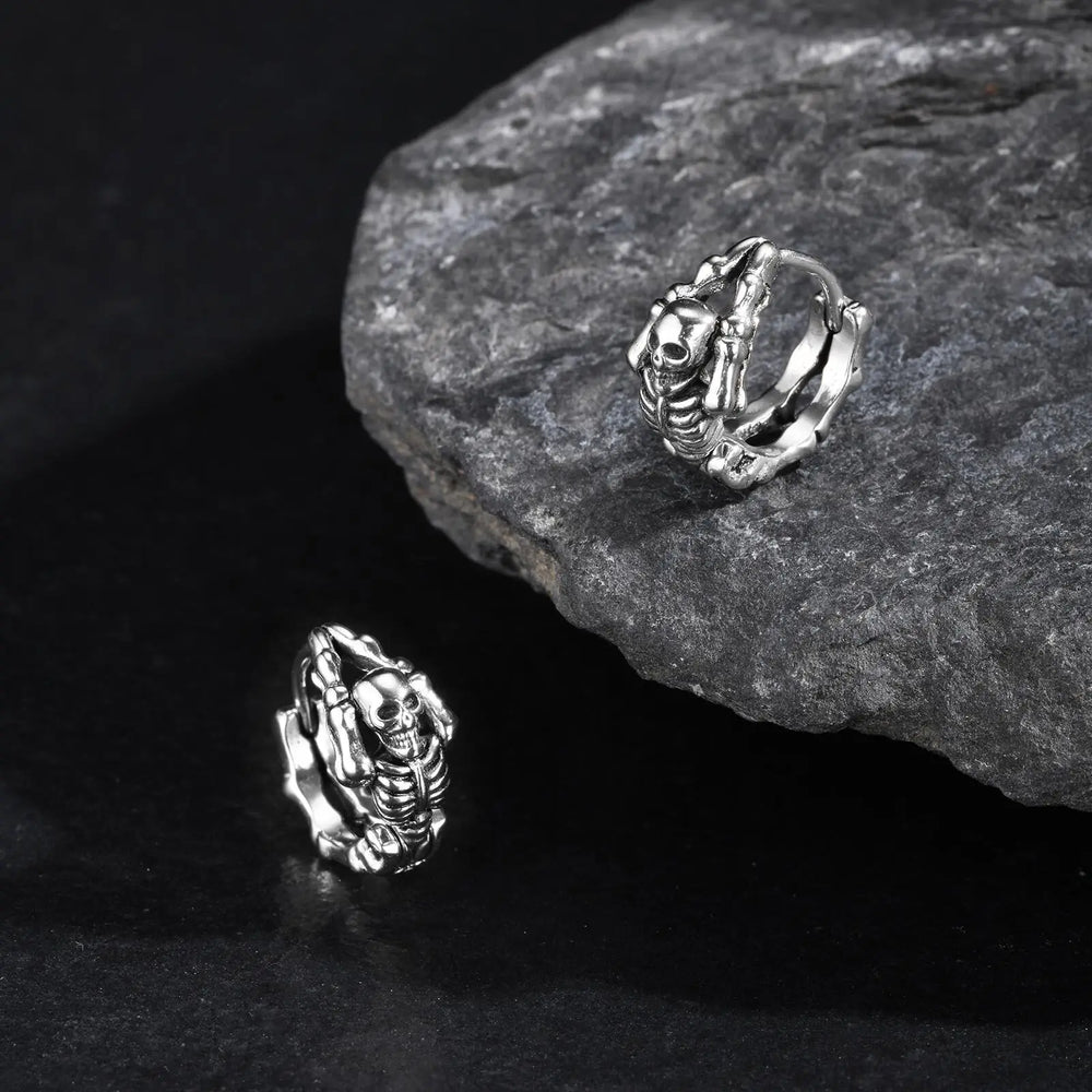 Punk Skeleton Hoop Earrings for Men | Never Fade Metal Huggies close-up view