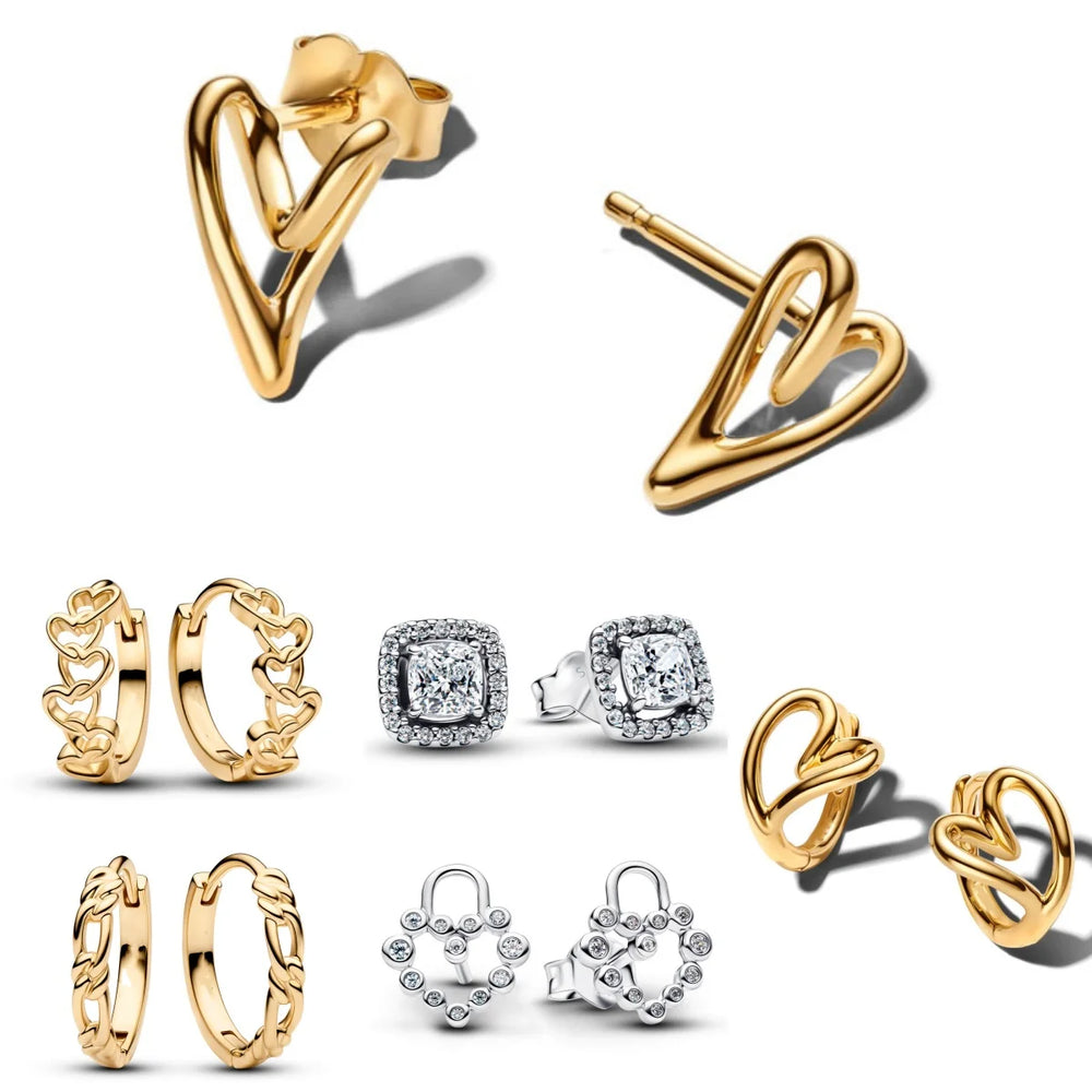 Crystal Stud Hoop Earrings for Women | 925 Silver Bow Lock Moon Star Gold Heart Earrings