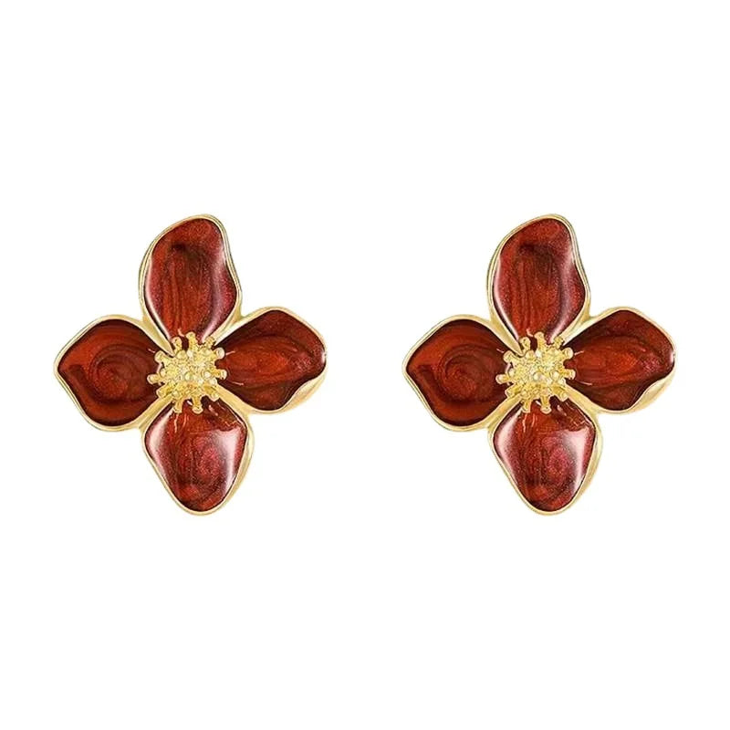 Fashion Korean Women Retro Drip Glaze Red Flower Earrings Women for Delicate Earrings close-up view