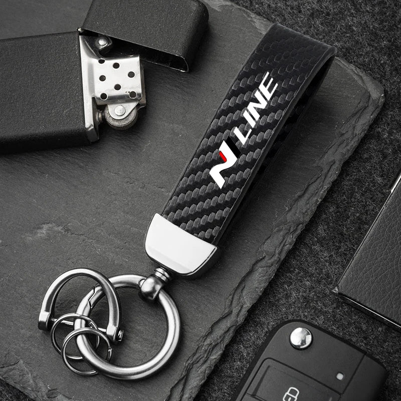 Carbon Fiber Style Keychain for Hyundai | Premium Microfiber Leather Key Ring close-up view