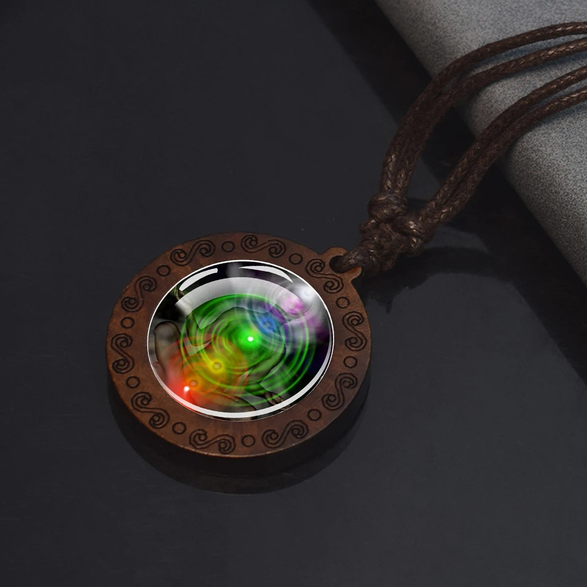 7Chakra Symbol Necklace Yoga Meditation Glass Dome Vintage Wooden Pendant Rope Chains lifestyle view