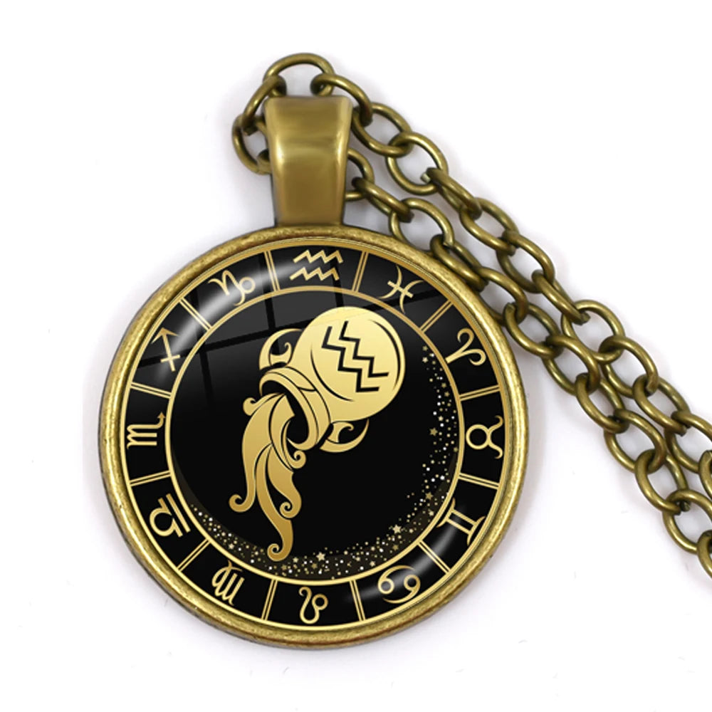 12 Constellation Zodiac Pendant Necklace | Antique Bronze Glass Dome Jewelry lifestyle view