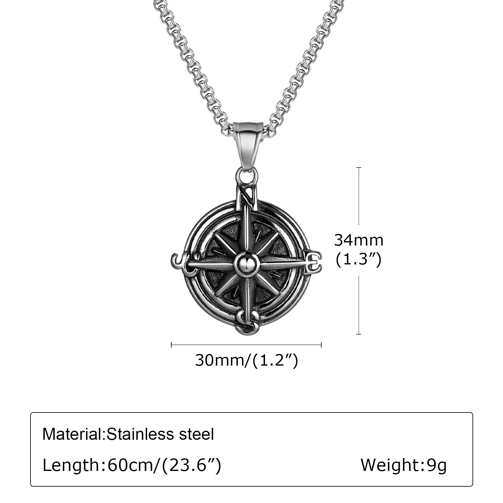 Vintage Compass Pendant Necklace | Stainless Steel Coin Necklace for Men detail view