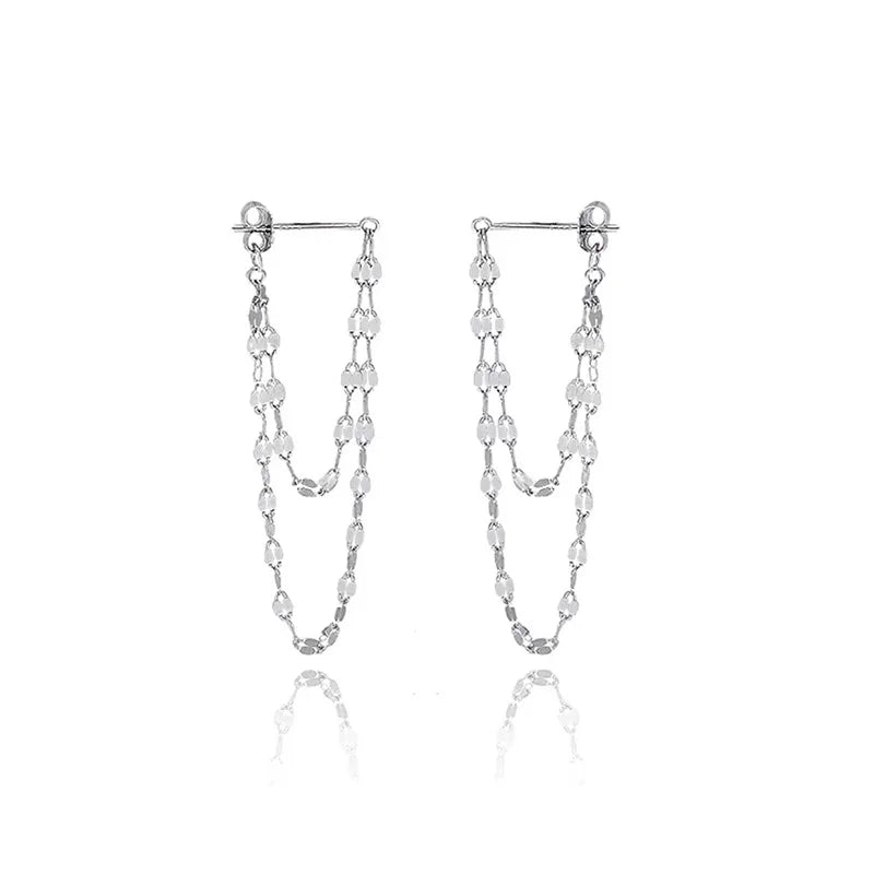 Silver Tassel Drop Earrings | Double Chain Rear-Hanging Earrings for Women lifestyle view