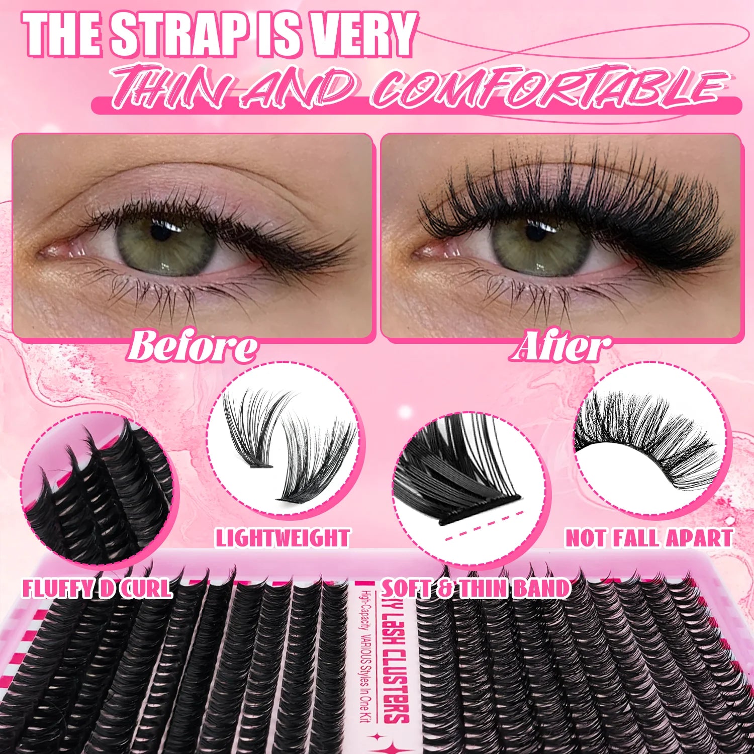 740/800PCS Eyelash Cluster Kit Mixed Lengths Ultra-Light Waterproof Lash Extensions Natural Daily Makeup or Dramatic Glam Look