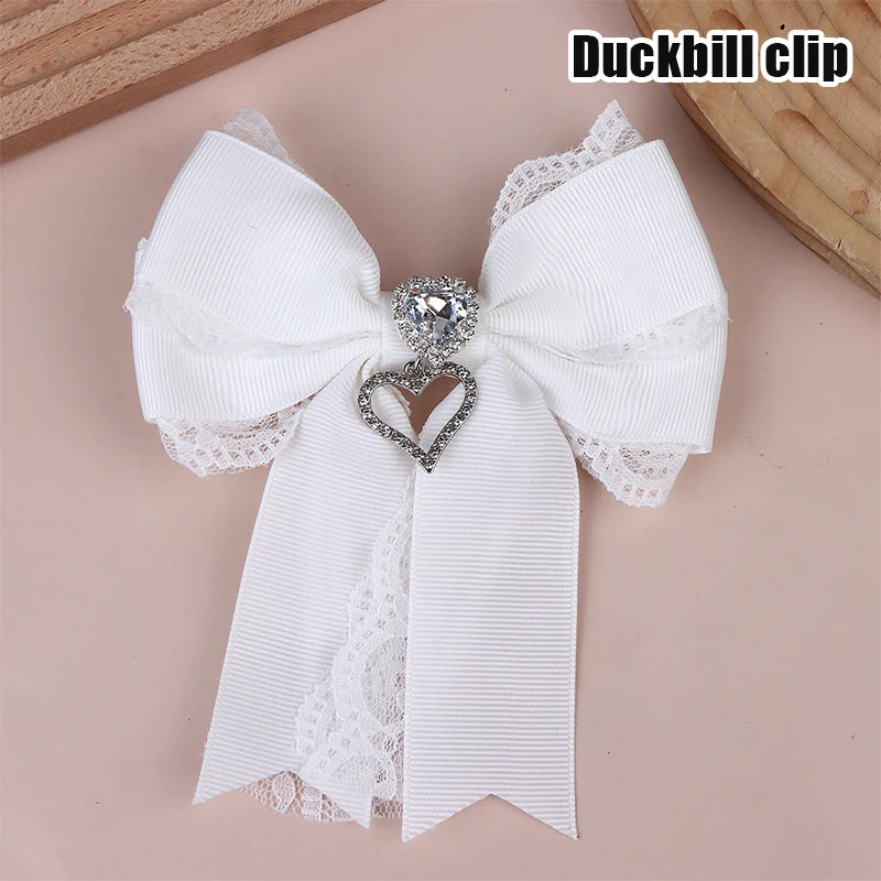 Women's Lace Bow Tie Brooches Hairclip Heart Shape Rhinestone Pendant Lolita Skirt Acc close-up view
