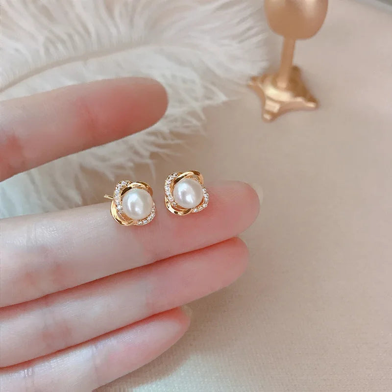Upscale 14k Gold Jewelry Real Gold Earrings Zircon Pearl Twist Luxury Stud Earrings f alternate view