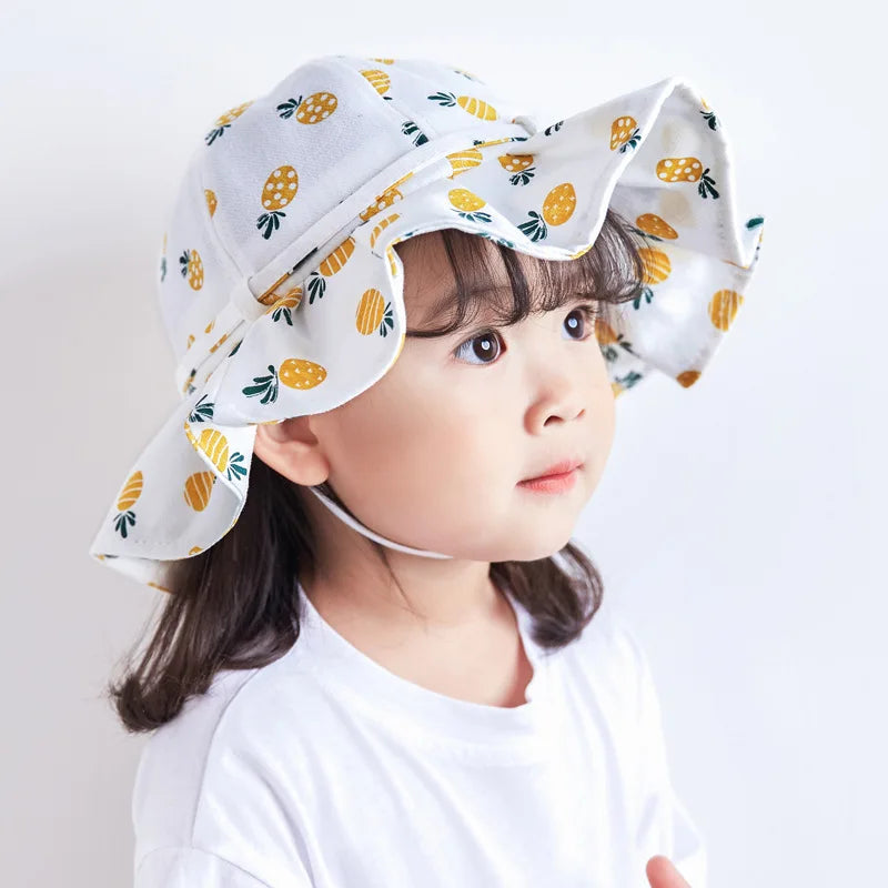 Sweet Baby Summer Hat for Girls | Cotton Fruit Print Kids Bucket Hat with Bowknot lifestyle view
