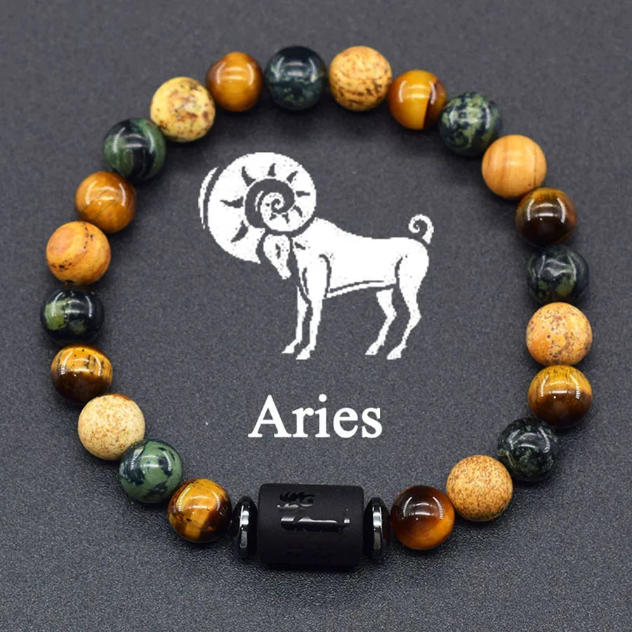 12 Zodiac Sign Bracelet Homme Constellation Bangle Natural Yellow Tiger Eye Stone Hemati detail view