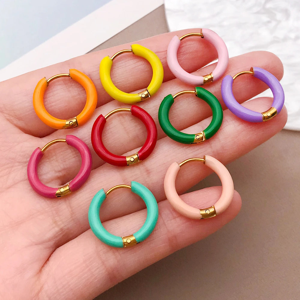 2pcs Candy Color Enamel Hoop Earrings | Sweet Summer Stainless Steel Jewelry close-up view