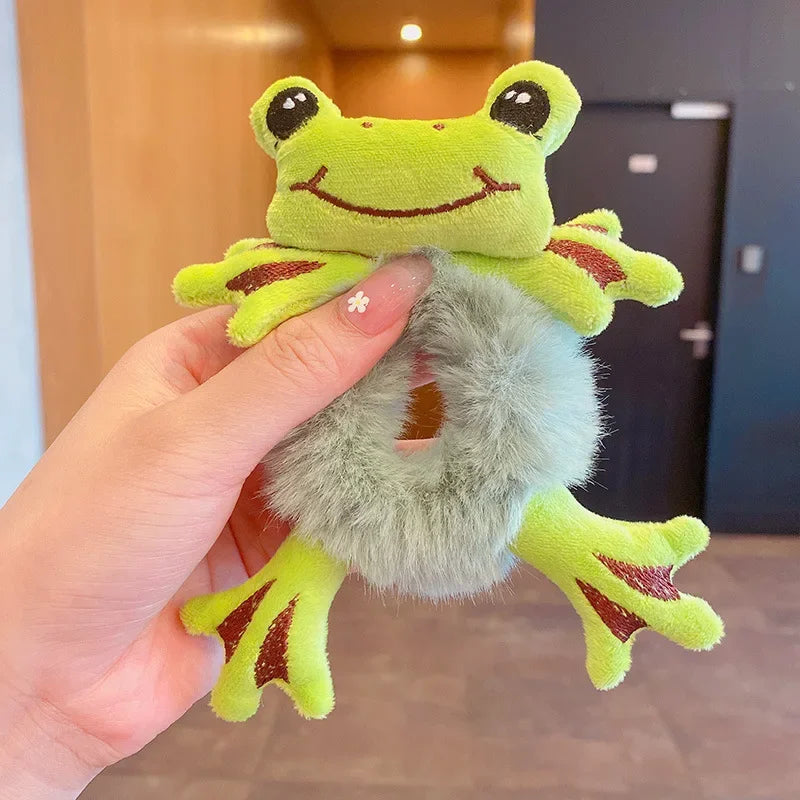 1pcs Hair Circle Girl Frog Plush Green Hair Circle Bun Cute Funny Hair Band Elastic Sc close-up view