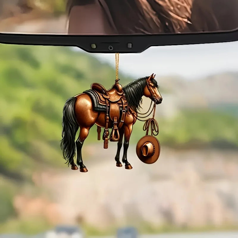 Acrylic Flat 2D Western Cowboy Horse Car Rearview Mirror Pendant Keychain Bag Small additional angle