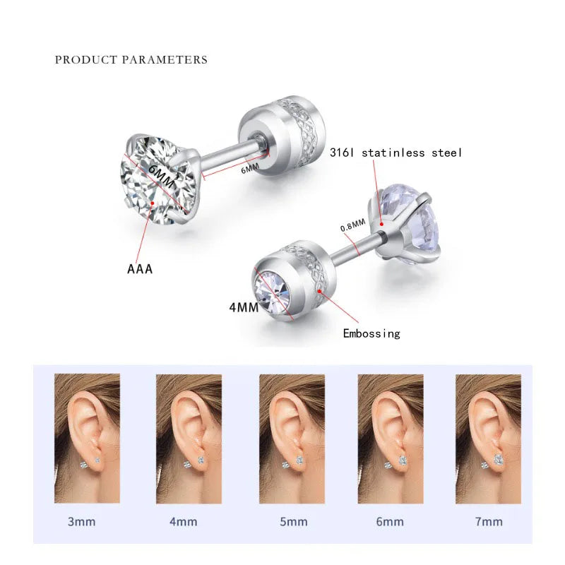 2pcs 20G Hypoallergenic Titanium Steel Stud Earrings for Men Women, Zircon Screw Back close-up view