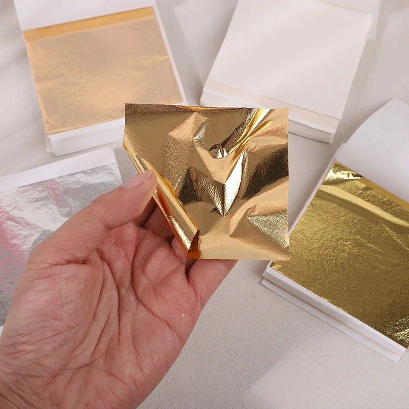 100Pcs Imitation Gold Foil Paper Leaf Sheets for Gilding Funiture Lines Wall Craft additional angle