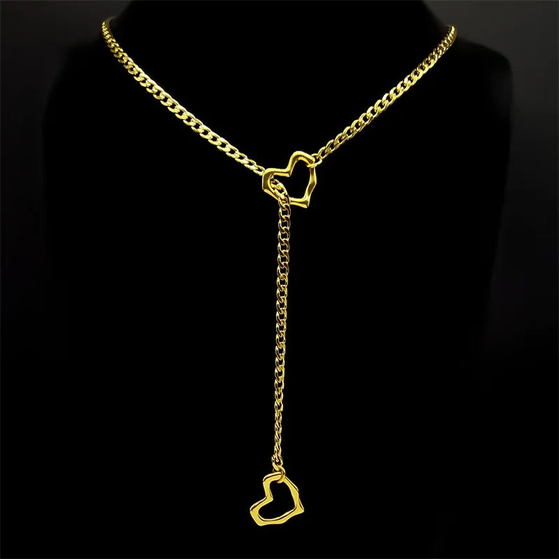Heart O-ring Long Chain For Women Men Punk Rock Necklace Stainless Steel Key lock Necklaces Adjustab