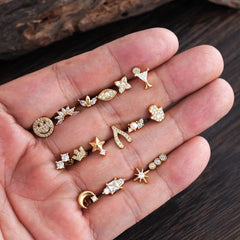 1pcs Crystals Zircon Ear Studs Smiling Crown Star-Style Earring Piercing Oreja Stainless Helix Cartilage Tragus Lobe Piercing