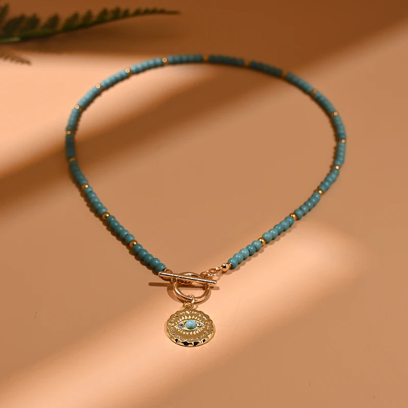 Colorful Stone Choker Necklace | Round Evil Charm Pendant for Women lifestyle view