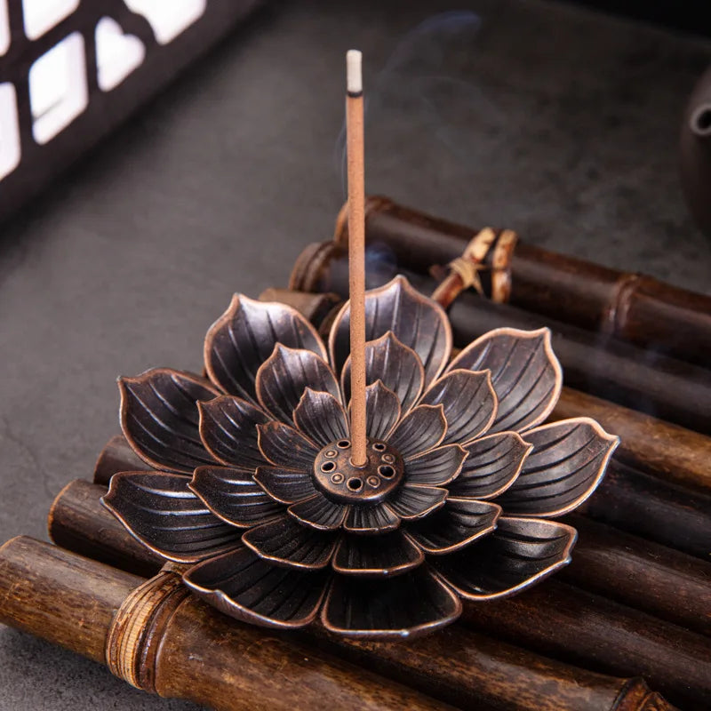 Lotus Incense Burner Stick Holder | Alloy Buddhism Meditation Decor additional angle