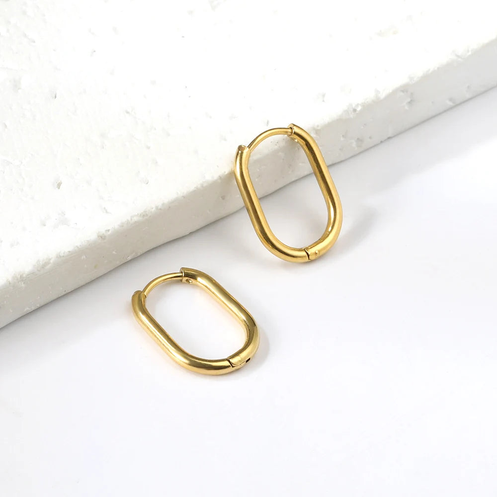 LUXUSTEEL Golden Plated Geometric Oval Hoop Earrings | Unisex Fashion Earrings close-up view