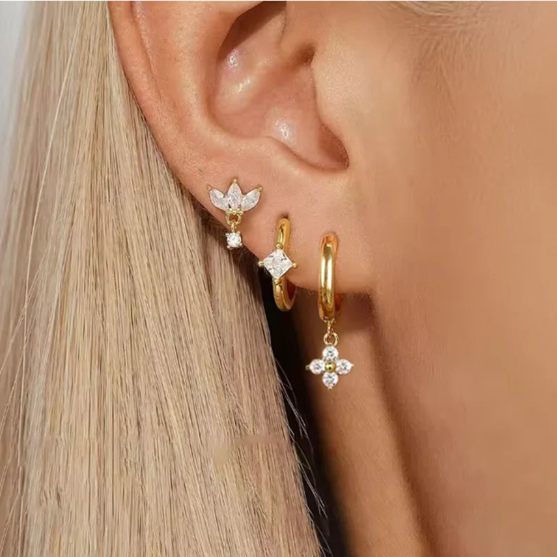 3PCS Stainless Steel Crown Chain Tassel Zircon Drop Earring Flower Ear Stud For Women Un detail view