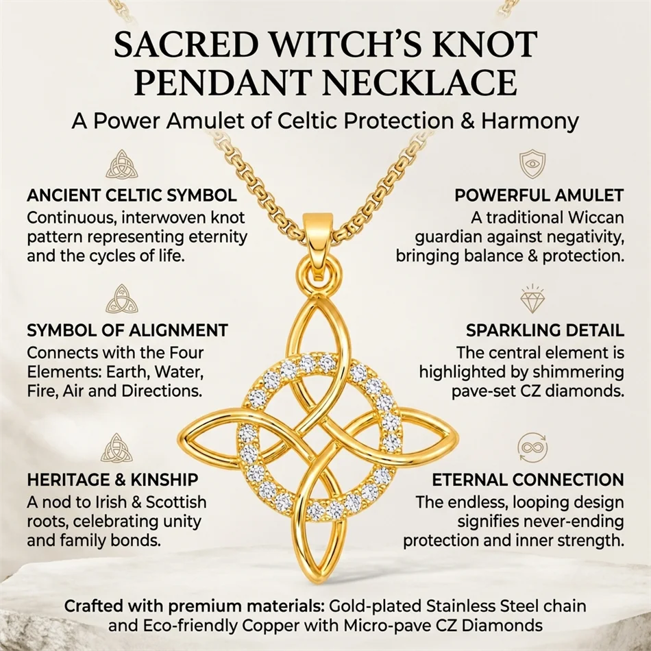 Witch Knot Pendant Necklace Stainless Steel Chain CZ Celtic 4 Elements Protection Amu alternate view