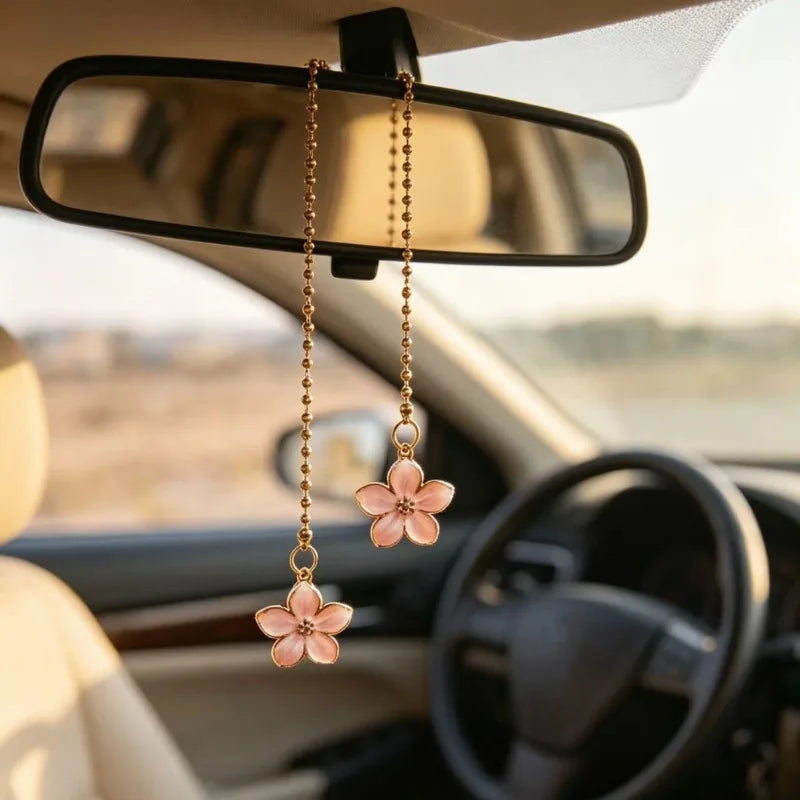 Pink Sakura Flower Rearview Mirror Pendant with Gold Chain