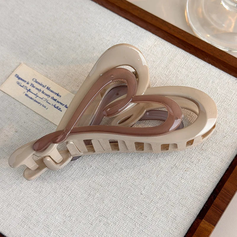 Autumn-Winter Latte Gradient Double-Layer Heart-Shaped Hair Clip Unique Instagram-Style Asymmetrical Back Hair Clip