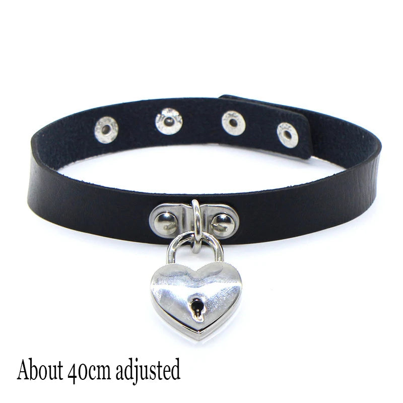 Gothic Bat Heart Lock Punk Choker | Black Leather Collar Necklace alternate view