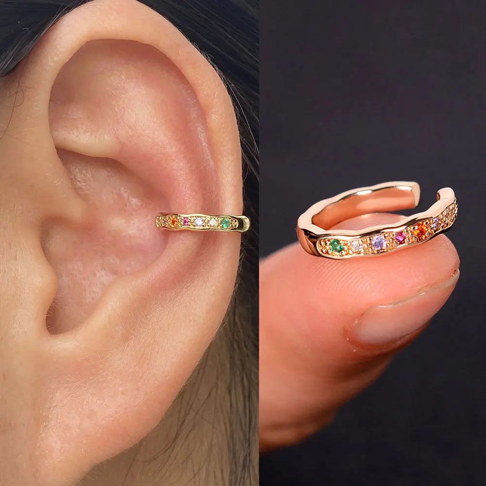 Geometric Rainbow CZ Cuff Clip On Earrings for Women