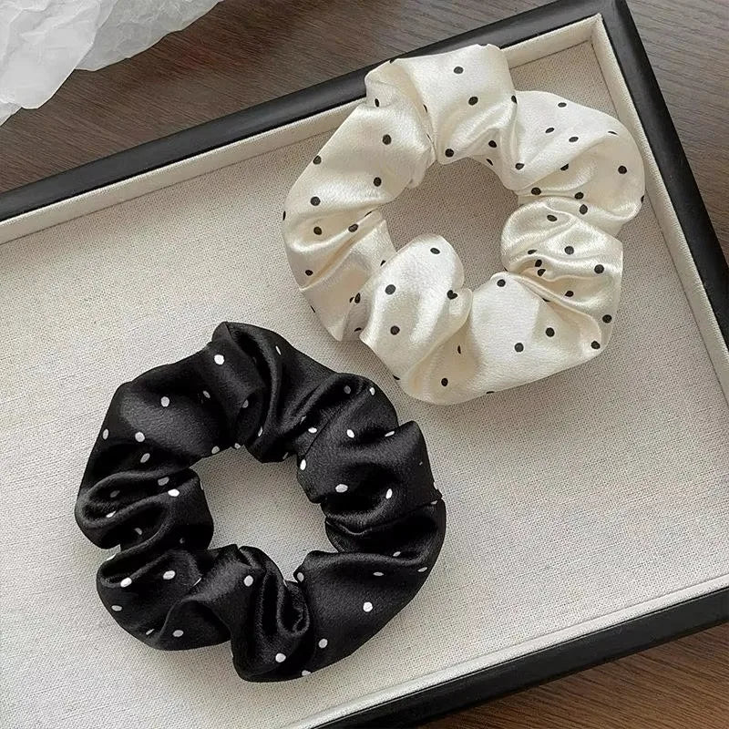 New Polka Dot White Scrunchies 12cm Large Hair Bands Female Elegant Black Hair Rope Ti close-up view