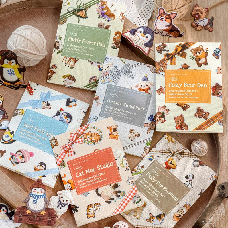 Kawaii Embroidered Fabric Pet Sticker Set | 40Pcs White Kraft Paper Journal Decor lifestyle view