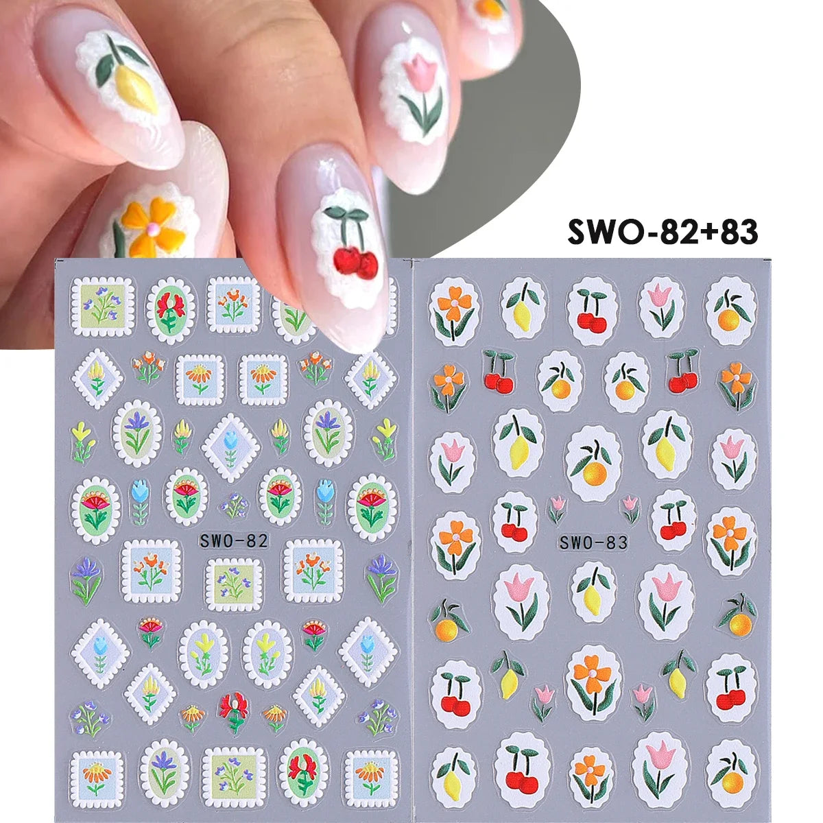 2pcs Sweet Element Nail Art Stickers Simple Flower Heart Cherry Strawberry Kawaii D additional angle