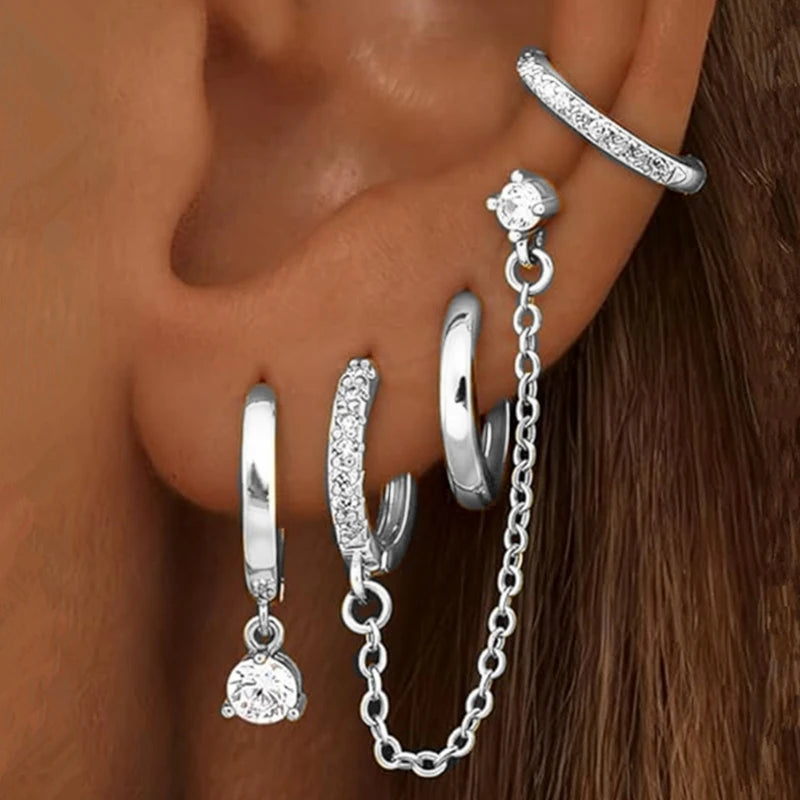 4PC Chain Huggie Earring Set | Flower Tragus Hoop Earrings for Women close-up view