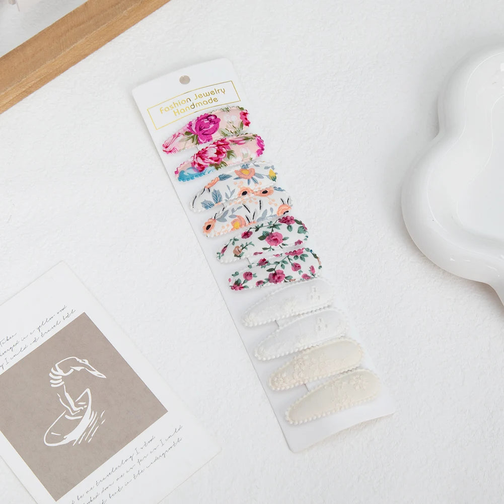 10Pcs/Lot Ins 6cm Flower Print Cotton Alloy Hair Bow Snap Clips Set Fabric Plaid Bobby Hairpins Hairgrips Girls Kids Headwear