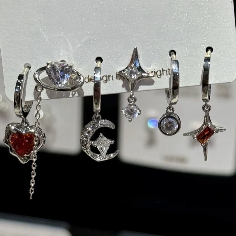6PCS Goth Punk Vintage Aesthetic Crystal Heart Moon Cross Star Pendant Earrings Set | close-up view