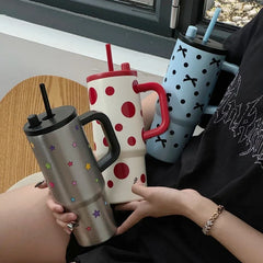 24oz Portability Tumbler with Handle Straw Lid Large Volume Stainless Steel Vacuum Insul detail view