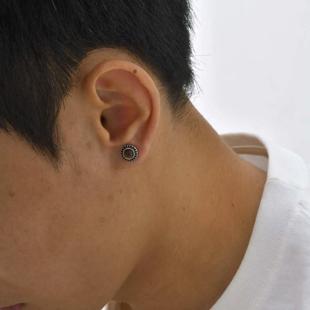 Men's Tiger Eye Stone Stud Earrings | Natural Gemstone Punk Earrings for Men detail view