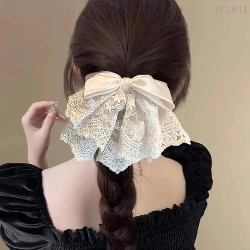 [E] French Elegant Ballet Style Lace Satin Bow Ponytail Hair Clip, Gentle And Sweet Shark Clip Hair Ornament On The Back Of Head