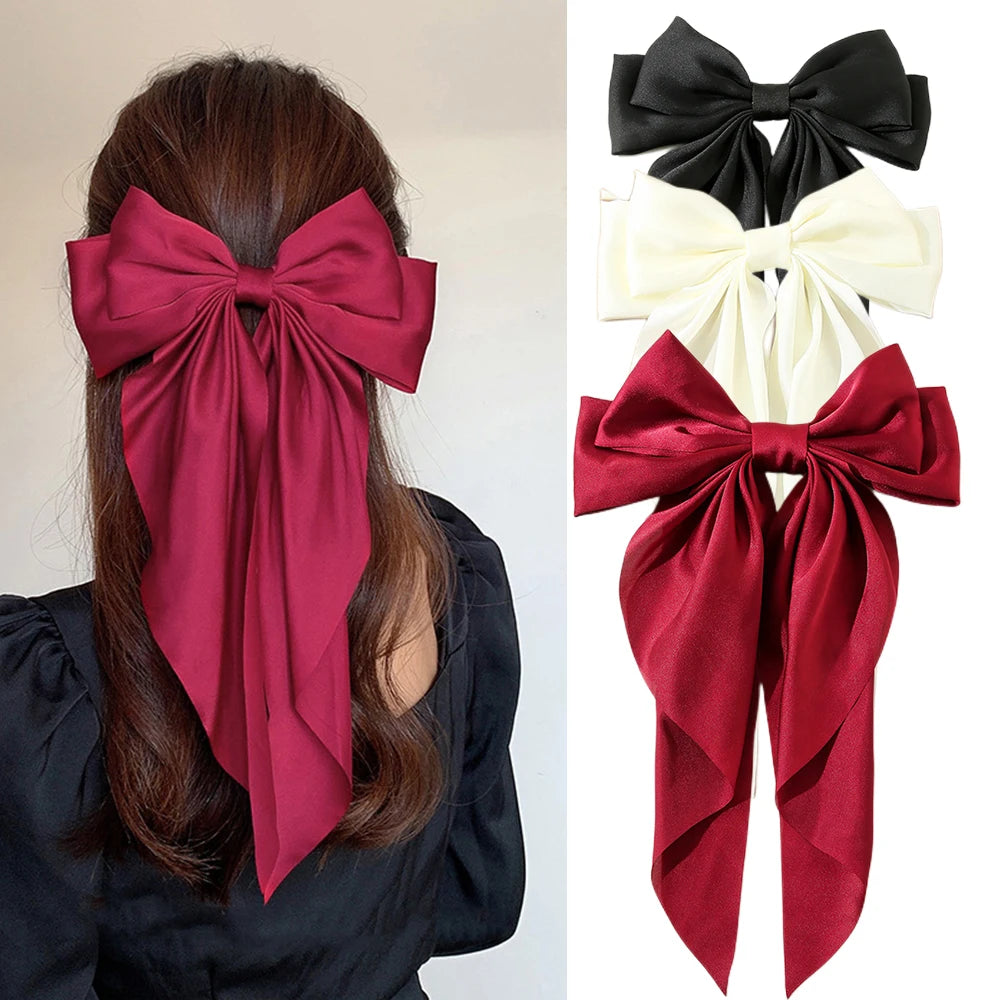 Korean Accessories Hair Clips for Women Girls Big Bowknot Solid Satin Long Ribbon B additional angle