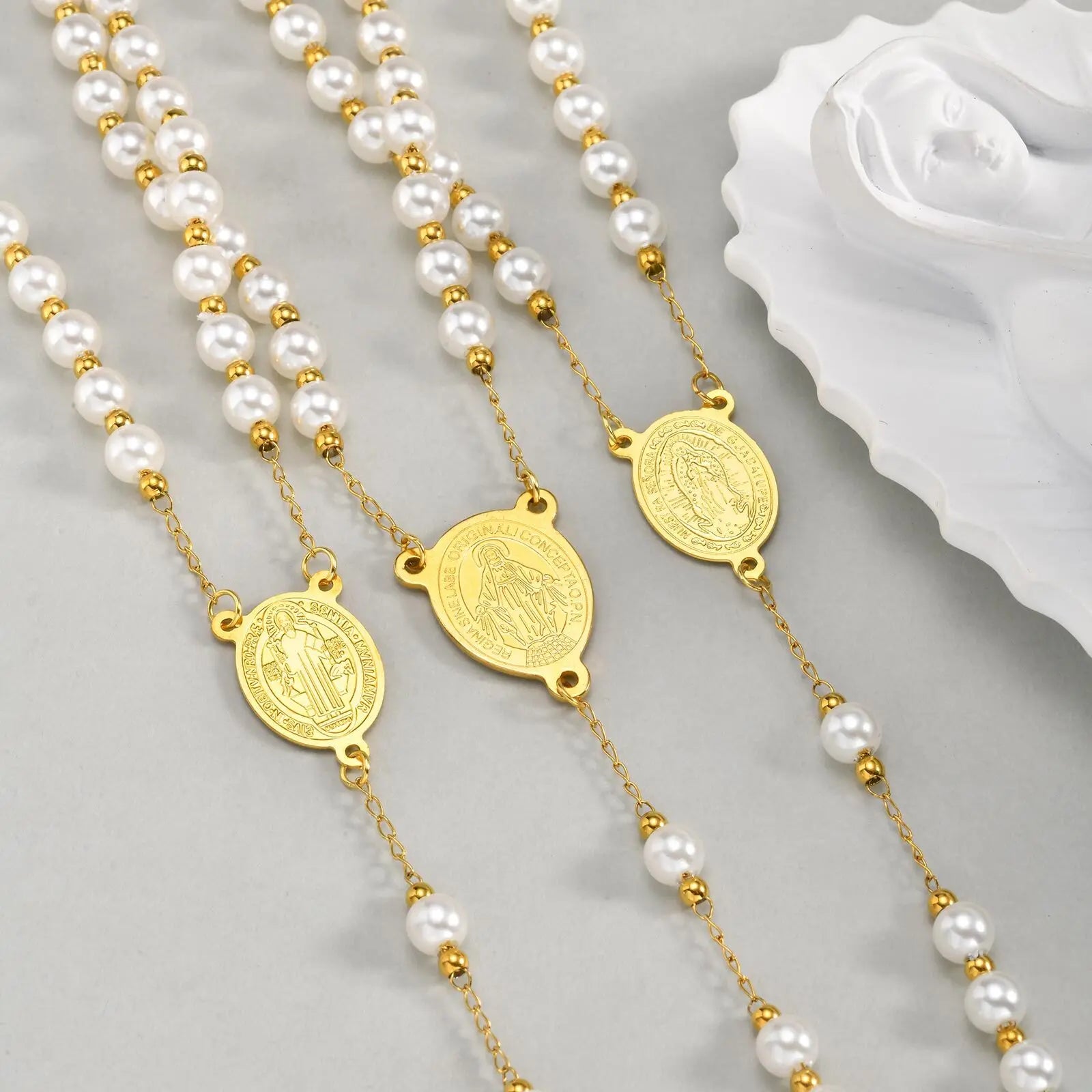 Vnox Stainless Steel Pearl Rosary Beaded Necklace,Virgin Mary Religious Cross Necklace For Women,Prayer Jewelry 65cm Long Chain