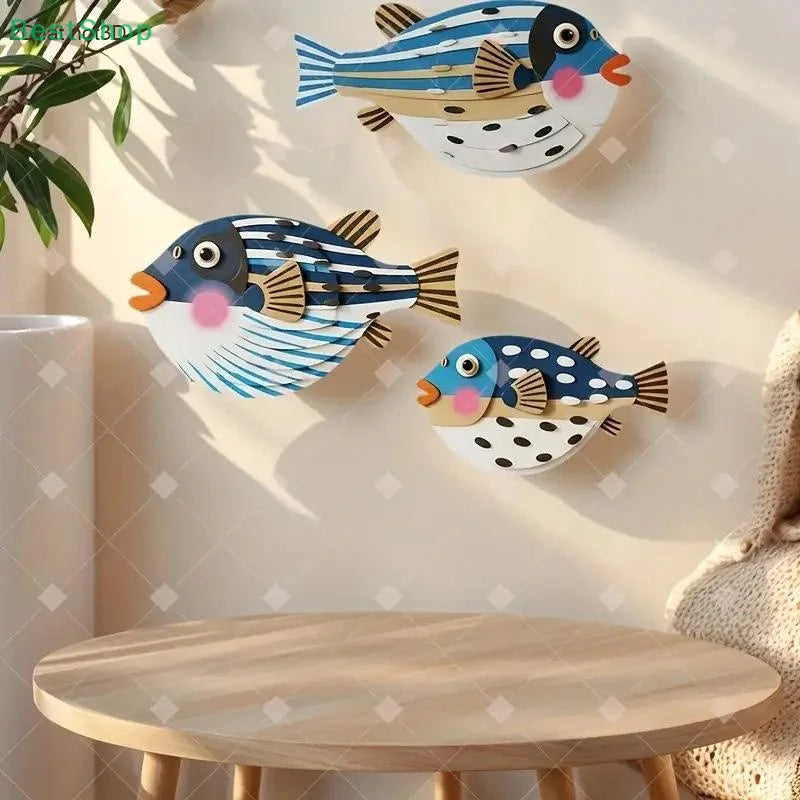 Three Fish Wall Hanging Decoration | Wooden Ocean Art for Living Room lifestyle view