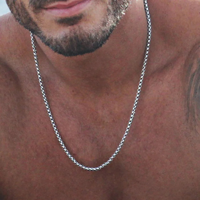 Round Box Chain Necklace for Men | Stainless Steel Link Chain in Gold, Silver, or Black