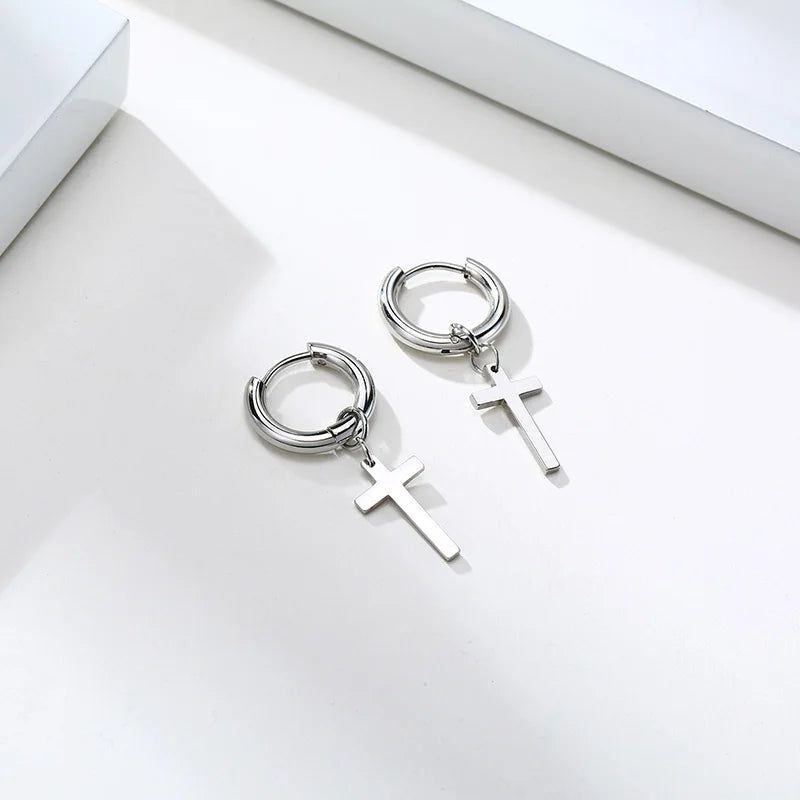 Stainless Steel Cross Earrings for Men | Durable Stud Earrings with Christian Cross Char detail view