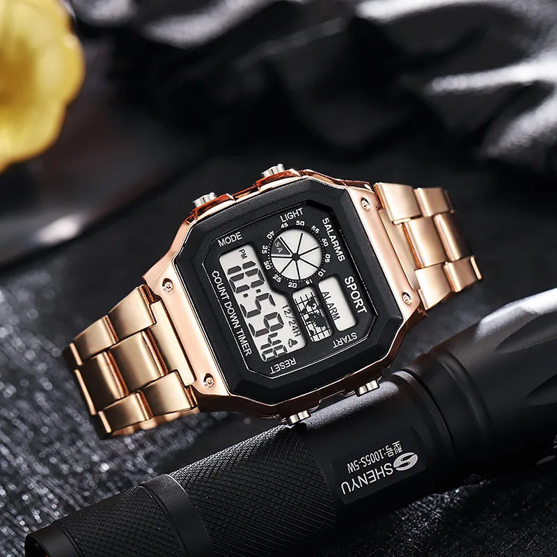 MAYZHISU Classic Men's Digital Watches Luxury Stainless Steel Strap Sport Watches Men Mi detail view